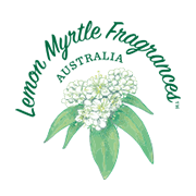 Lemon Myrtle Fragrances Logo with green text and flowers on a white background.