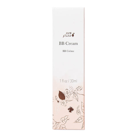 100% Pure Cosmetics BB Cream 30ml in a pale pink box with a botanical drawing, front of the box, standing upright on a plain white background