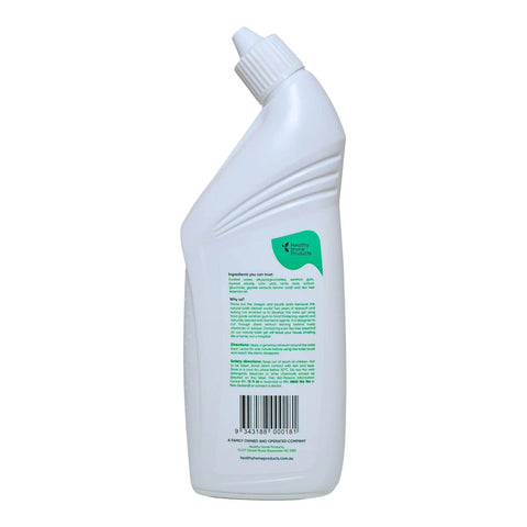A white plastic bottle of toilet cleaner shown from the back, featuring a green leaf-shaped label with the brand name 'Green Magic' and product details, set against a plain white background.
