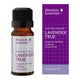 Absolute Essential Lavender True Essential Oil 10ml in an amber bottle with a black cap beside its purple box on a plain white background