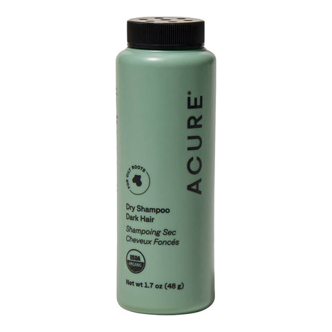 Acure Dry Shampoo Dark Hair 48g in a sage green shaker bottle with a black cap, standing upright, front view on a plain white background