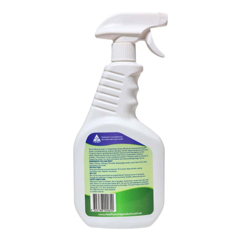 Back of 750ml spray bottle of mould cleaner. Natural ingredients for a safer clean.