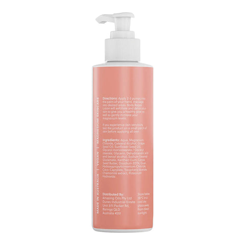 Back of magnesium body lotion showing directions and ingredients.