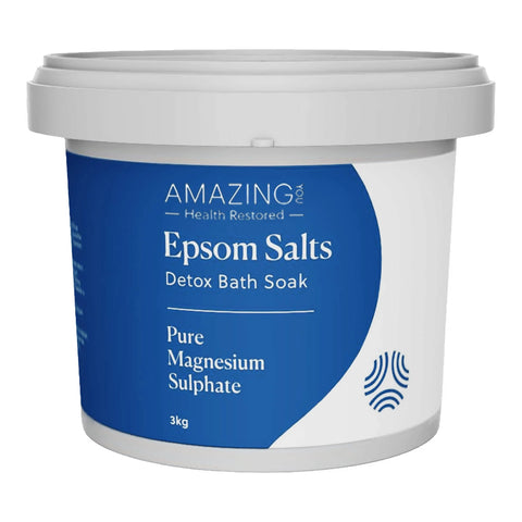 Amazing You Epsom Salts Detox Bath Soak Pure Magnesium Sulphate 3kg in a white tub with a blue label, front view on a plain white background