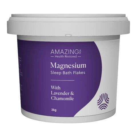 Amazing You Magnesium Sleep Bath Flakes 2kg in a white tub with a purple label, front view on a plain white background, clear product photo
