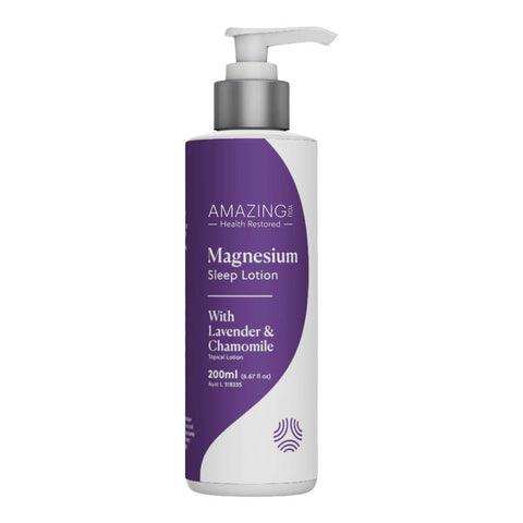 Amazing You Magnesium Sleep Lotion 200ml in a larger white pump bottle with a purple band, front view on a plain white background