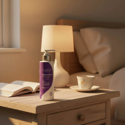 Amazing You Magnesium Sleep Lotion 200ml lifestyle shot of the bottle on a bedside table beside a lamp, a book and a cup, styled lifestyle photo