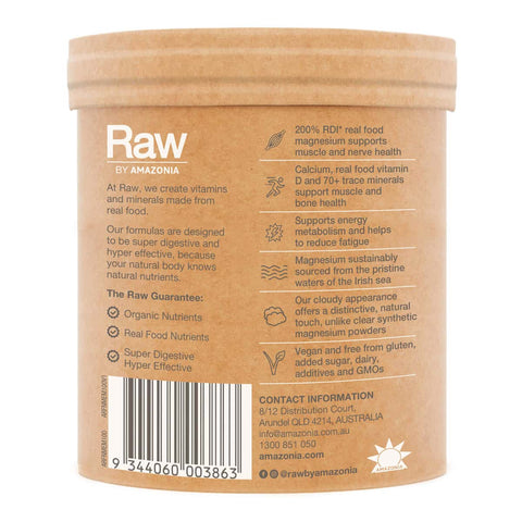 Back of container of Amazonia Raw Muscle Magnesium powder, with product highlights.