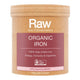 Front of container of organic iron - apple blackcurrant flavour. 