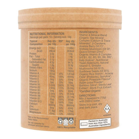 Side of container of Amazonia Raw organic multivitamin with nutritional information panel and ingredients.