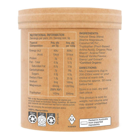 Back of sleep magnesium with nutritional information and ingredients.
