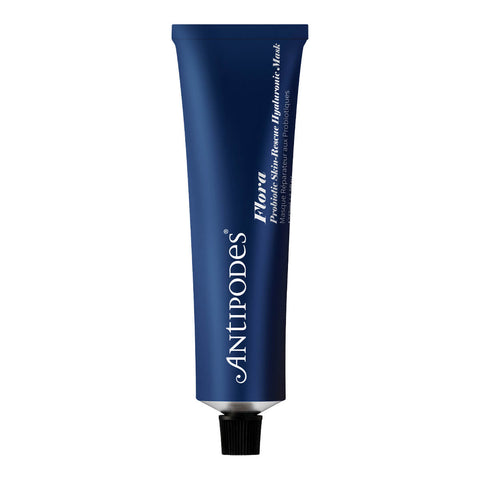 A blue tube of Antipodes Flora Probiotic Skin-Rescue Hyaluronic Mask with white text on it.