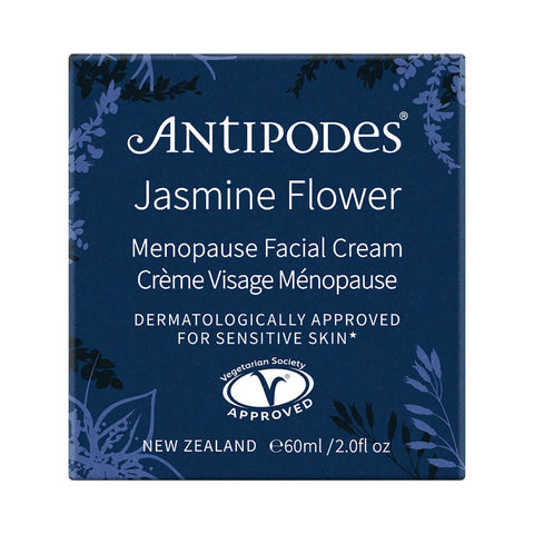 60ml jar box of Antipodes Jasmine Flower Menopause Facial Cream that targets skin concerns from perimenopause to post-menopause.