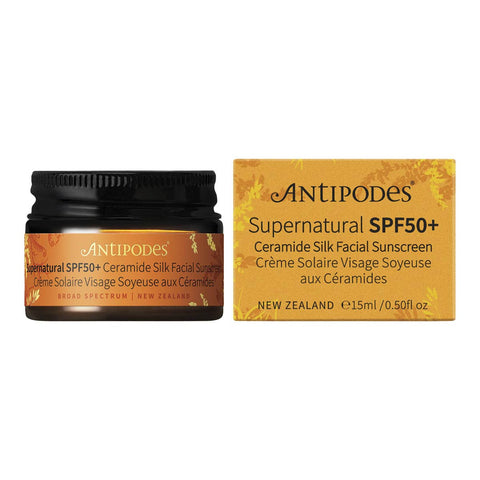 Antipodes Supernatural SPF50+ sunscreen jar and packaging on a white background.