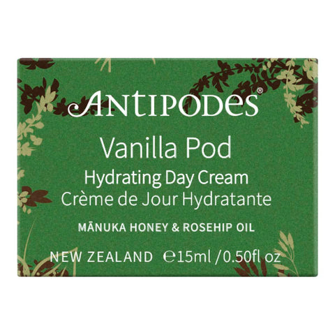 Green box packaging of 15ml Antipodes Vanilla Pod Hydrating Day Cream. Manuka honey & rosehip oil.