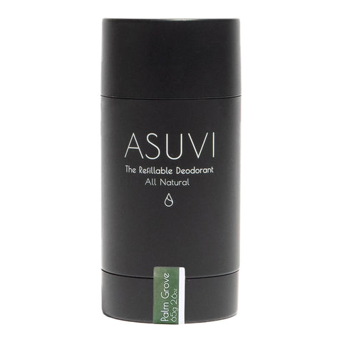 Black deodorant container with 'ASUVI' branding on a white background