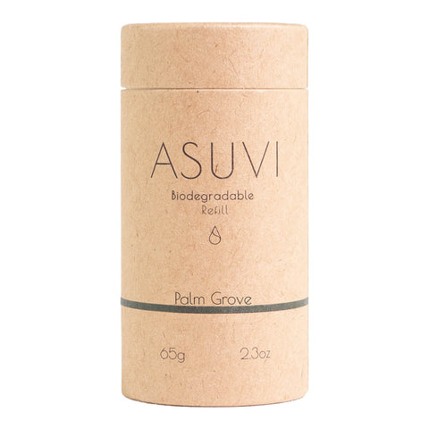 Biodegradable refill container with 'ASUVI' branding on a white background