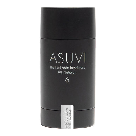 Black deodorant container with 'ASUVI' branding on a white background