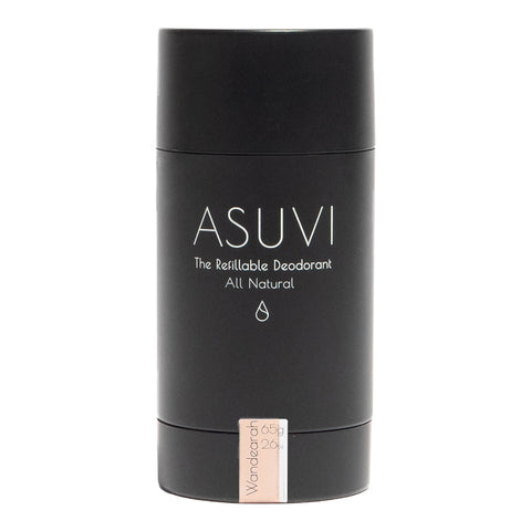 Black deodorant container with 'ASUVI' branding on a white background