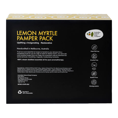 Australian Natural Soap Company Lemon Myrtle Pamper Pack black box turned to show the back with lemon myrtle wording, icons and small print on white