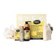 Australian Natural Soap Company Lemon Myrtle Pamper Pack contents, a yellow swirl box beside a body wash, bath salts, a loofah and a soap bag on white