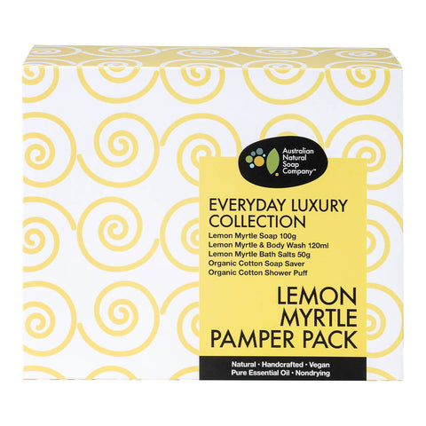 Australian Natural Soap Company Lemon Myrtle Pamper Pack yellow swirl box with the words Everyday Luxury Collection, front of the box on white