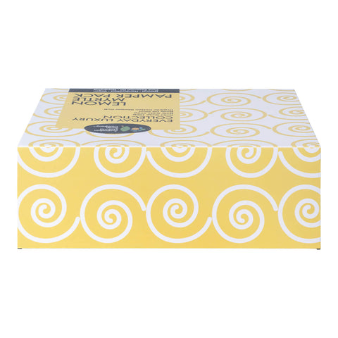 Australian Natural Soap Company Lemon Myrtle Pamper Pack yellow swirl box seen from the top, closed lid on a plain white background