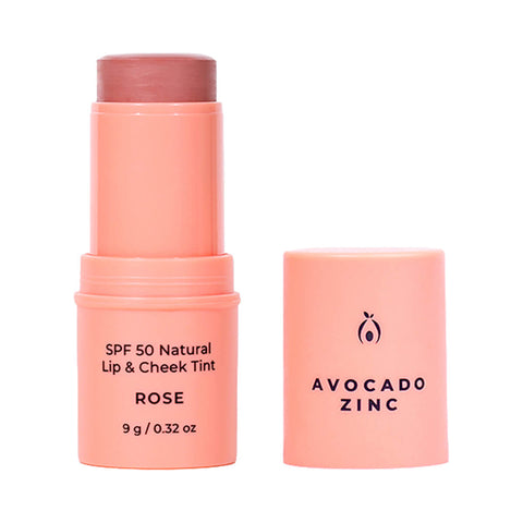 Avocado Zinc SPF50 Natural Lip & Cheek Tint Rose 9g, a coral pink stick with its cap beside it, front view on a plain white background