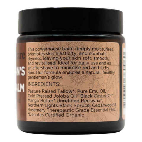 Jar of balm with label detailing ingredients and benefits on a white background.