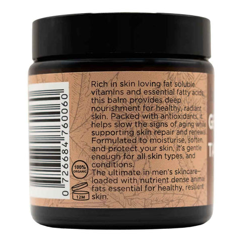 Back label of gentlemans tallow balm jar with text and barcode on a white background
