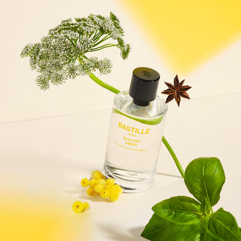 100ml bottle Bastille Rayon Vert Perfume, natural vegan perfume styled with basil and immortelle.