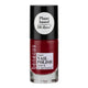 Benecos vegan nail polish bottle with red polish, black cap, and white label on a white background.