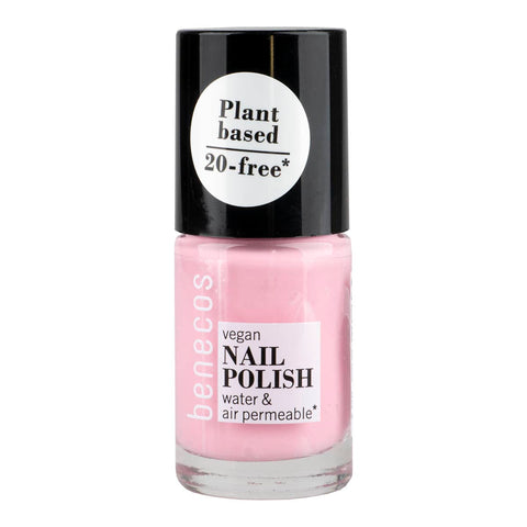 Beneccos vegan nail polish bottle with pink polish and black cap on a white background.