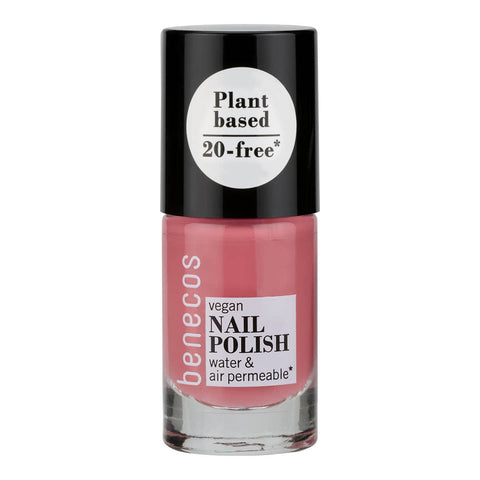 Benecos vegan nail polish bottle with pink polish on a white background.