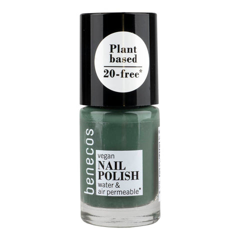Green nail polish bottle with black cap on a white background.