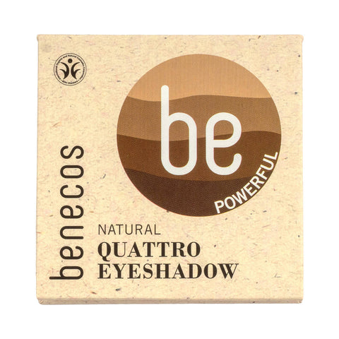 Benecos Natural Quattro Eyeshadow Coffee & Cream 4.8g closed kraft box with the be natural quattro eyeshadow lettering, front of the box on white