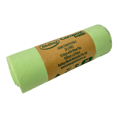 BioBag Compost Mate Bin Liners 20 litre, 18 bags, a rolled set of light green bags with a kraft band, front view on a plain white background