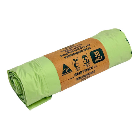 BioBag Compost Mate Bin Liners 30 litre, 16 bags, a rolled set of light green bags with a kraft band, front view on a plain white background