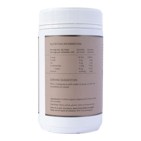 Nutrition information label on a white supplement container