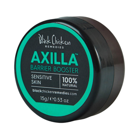 Black Chicken Remedies Axilla Deodorant Paste Barrier Booster 15g small round black tin with a teal band, angled view on a plain white background