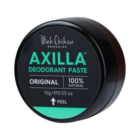 Black Chicken Remedies Axilla Deodorant Paste Original 15g small round black tin with a teal band, angled view on a plain white background