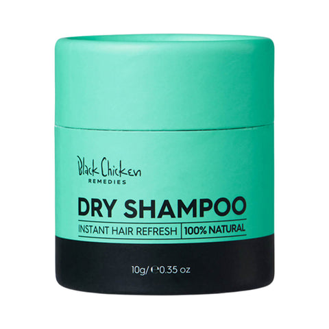 Black Chicken Remedies Dry Shampoo 10g in a round mint green tub with a black base and Dry Shampoo lettering, front view on a plain white background