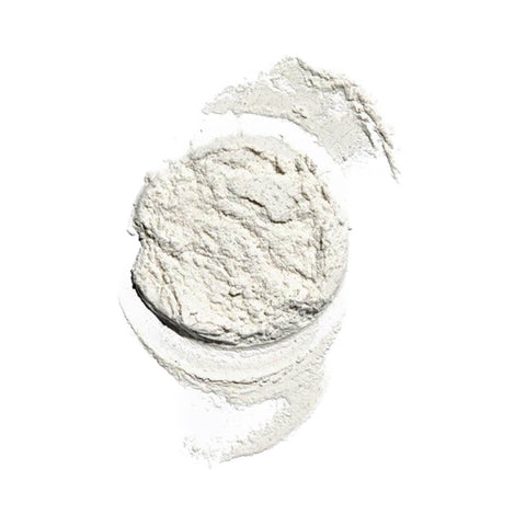 Black Chicken Remedies Dry Shampoo texture shot, a swirl of fine white dry shampoo powder, close up on a plain white background