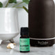 Black Chicken Remedies Essential Oil Blend Slumber lifestyle shot of the small bottle in front of a dark diffuser and a white vase