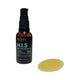 Black Chicken Remedies H.I.S Face & Beard Oil 30ml dark pump bottle beside a golden oil smear, texture shot on a plain white background
