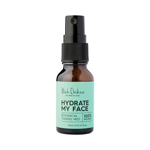 Black Chicken Remedies Hydrate My Face Toning Mist 15ml in a small amber spray bottle with a teal label, front view on a plain white background