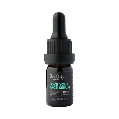 Black Chicken Remedies Love Your Face Serum 5ml, a small dark glass dropper bottle with a black dropper and teal label, front view on white