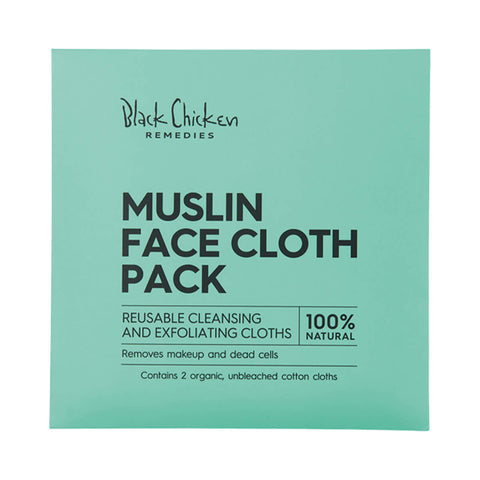 Black Chicken Remedies Muslin Face Cloth Pack teal green square packet with white lettering, front of the pack on a plain white background