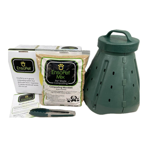 EnsoPet composting product set with green container, packaging, and tools on a white background.