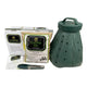 EnsoPet composting product set with green container, packaging, and tools on a white background.